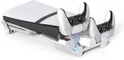 AIJUNCT Horizontal Stand for PS 5 Pro/PS 5 Slim, Cooling Station for Playstadion 5 Pro/Slim Digital & Disc, Narrow Spaces Triple Turbo Fans Stand and Cooling Station with Dual Controller Charging