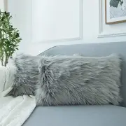 Set of 2 Decorative Lumbar Fluffy Throw Pillow 20" x 12" (Pack of 2) Grey