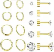 [Sanfenly] 9 Pairs Earrings Sets for Multiple Piercing Hypoallergenic 14K Gold Plated Small Huggie Hoop Earrings for Women Tiny Ball CZ Gold Flat Back Stud Earrings for Women Lobe Helix Cartilage Earrings