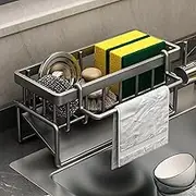 ﻿Kitchen Sink Caddy Organiser with Divider,Sink Caddy Sponge Holder for Kitchen Sink with Self Draining Tray,Dish Soap Scrubber Brush Dishcloth,Rustproof Stainless Steel (Grey)