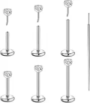 [Candyfancy] 6PCS Threadless Push in Lip Studs Nose Studs CZ Stainless Steel Cartilage Flat Back Earrings for Women Tragus Labret Conch Body Piercing Jewelry 18G/20G