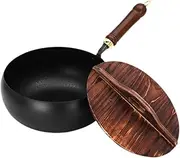 AFXGUSD Wok Pan NOT -Stick Wok General Unconditional Wooden Handle Cookware Induction Cooker Pans Saut Pan Sauce Iron Wok Round Floor Wok, Wok Pan with Lid