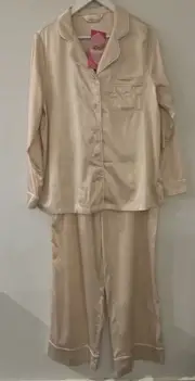 Peter Alexander Womens Nude Long Sleeve Satin PJ Set Size Medium RRP$139.00