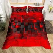 Feelyou Red and Black Bedding Set Full Size Kids Geometric Comforter Cover Set for Boys Teens Geometric Honeycomb Duvet Cover Modern Ombre Abstract Art Bedspread Cover Room Decor,No Comforter