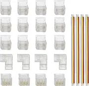 Clearhill 10mm 3Pin 24Pcs Transparent Solderless COB LED Strip Connector Corner Kit,Strip to Wire 4P,Strip to Strip 12P,L-Shape 4P,Red and Black Wire 4P,for Double Color 5V/12V/24V LED Strips.