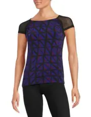 Anne Klein Sheer Mesh Short Sleeve Geo Print Knit Top Black Blue 4