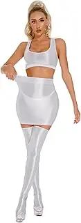 [Jugaoge] Womens Glossy High Waist Mini Skirt with Sleeveless Crop Top Thigh High Stockings Party Pole Dance Clubwear