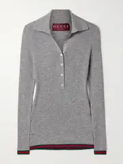 [Gucci] Gucci - Striped Ribbed Cashmere And Silk-blend Polo Shirt - Light gray - M M Gray
