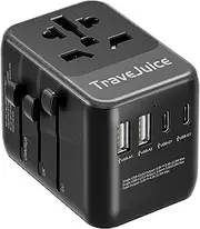 Universal Travel Adapter, TraveJuice International Plug Adapter with 2 USB-C & 2 USB-A Outlet Wall Charger, US to UK, AU, European Travel Plug Adapter, All in-one Worldwide Adapter Travel Essentials