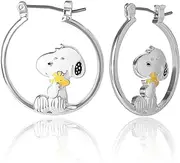 [SALLY ROSE] Peanuts Snoopy Earrings for Women Official License, Silver Flash-Plated Hoop Earrings with a Snoopy and Woodstock Accessory, Brass, No Gemstone