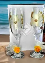 2 Yellow Floral Wine Glasses Set Glitter Ribbon Pearl Strand Handcrafted