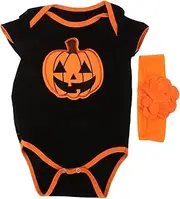 Newborn Pumpkin Halloween Costume Set Short Sleeve Headband for Girl Boy First Halloween Outfit Festive Print Soft Fabric