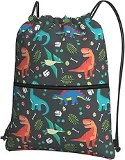 EdWal Cartoon Dinosaur Print Drawstring Backpack Gym Bags Sports Bags With Zipper Pocket For Travel Beach, Black, One Size