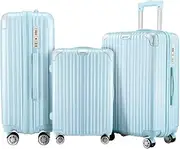 [AUSWAY] 3 Piece Luggage Set Travel Suitcases Carry On Luggage ABS+PC 20/24/28 inch Lightweight with 6 Packing Cubes Pale Blue