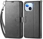 TUCCH Case Wallet for iPhone 15, [Wrist Strap] RFID Blocking 4 Card Slots Kickstand [Shockproof TPU Shell], PU Leather Magnetic Flip Cover Compatible with iPhone 15 5G 6.1" 2023, Black with Wristlet
