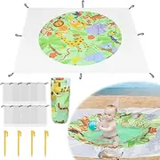 Portable Square Baby Beach Pool, 6.5 X 6.5 Ft Cute Cartoon Forest Theme Toddler Puddle Pool Green 2 in 1 Child Beach Blanket and Kiddie Pools Flexible Kids Beach Pools with Carrying Bag for Boys Girls