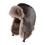 Leather Trapper Hat for Winter Fur Hat with Ear Flaps for Men Women Warm Brown