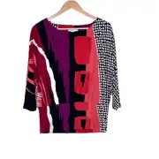 Chicos Womens Touch of Cool Top Sz 1/Medium Banded Hem Abstract 3/4 Sleeve