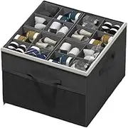 Adjustable 600D Oxford Fabric Shoe Storage Box with Clear Lid & Dividers – 16 Compartments for Organized Footwear – Available in Beige, Dark Gray, and Black (Black)