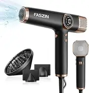 [Faszin] Hair Dryer, Lightweight Blow Dryer with 110,000 RPM High-Speed for Fast Drying, 200 Million Ionic Hairdryer with Auto-Clean, Low Noise, 3 Magnetic Nozzles for Travel, Salon, Home (Black)