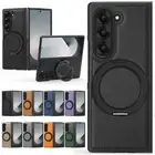 For Samsung Galaxy Z Fold6/5/4/3 Rotate Ring Holder Stand Magnetic Leather Case
