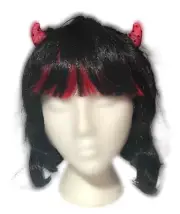 LONG BLACK RED WIG WITH DEVIL HORNS Adult Evil Hair Costume Halloween Vampire