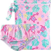 [Generic] Reusable Swim Nappy with BONUS Wet Bag MEDIUM 7-10kg (6-12mths/Size 0-1) Premium Cloth Baby Girl Swimming Diaper & Matching Wet Bag Set TROPICAL TURTLES_M