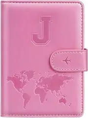[Simikol] Passport Holder Cover Initail Letter A-Z Travel Wallet 11D Embossed Design RFID Blocking Card Holder Personalized Gift Passport Cover Wallet, Passport Book Holders for Women and Girls, Pink-J, Pink-J