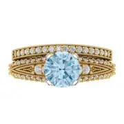 2.1ct Round Cut Pave Blue Stone Ring Band bridal Set 14k 2 Tone solid Gold