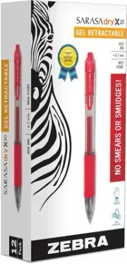 Zebra 46830 Sarasa Retractable Rollerball Gel Ink Pen - RED (Pack of 12)