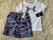 Boys Under Armour UPF 50 swim shirt & swim shorts red/ white/ blue size 5 NWT
