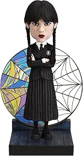 [Royal Bobbles] Wednesday Addams with Nevermore Academy Stained Glass Window – 6.75 Inches Tall – Collectible Bobblehead Statue