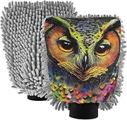 XYMZR Owl Portrait Closeup Cute Absorbent Microfiber Car Wash Mitt, Funny Cute Anime Scratch Free for Cars Cleaning, Home Cleaning Mitts, 2 Pack, 10.24” L x 7.09” W