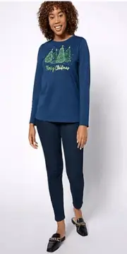 Quacker Factory Womens XS Holiday Lights and Brights Long Sleeve Top Blue NWT