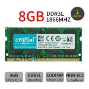 Crucial 8GB DDR3L 1866MHz PC3L-14900S 1.35V 204Pin SODIMM Laptop Memory SDRAM BT