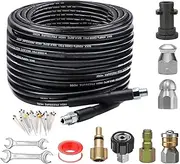 30M 5800PSI Pressure Washer Hose Drain Cleaning Pipe with 1/4inch Quick Connect,Rotating and Button Nose Sewer Jetting Nozzle with Spanner Tape Pearl Corsage Pin,Drain Pipe Hose Cleaning Set