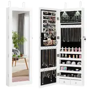 Costway Mirror Jewellery Cabinet Door Wall Mounted Jewelry Armoire Makeup Storage Cosmetics Organizer w/2 Built-In LED Lights