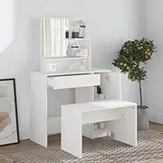 White Dressing Table Set with Stool and Mirror - Modern Design, Engineered Wood, Ample Storage, 86.5x35x136 cm, Perfect for Bedroom Decor, Timeless Look