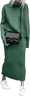 [ebossy] Womens Ribbed Knit Sweater Outfits Casual Loose 2 Piece Turtleneck Pullovers Elastic Waist Maxi Skirt Sets