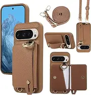 XMTON Case for Google Pixel 9 Pro XL, Crossbody Case with Wallet [Card Slots] [Ring Stand] Wrist Strap Wallet Mobile Phone Case Slim Thin Leather Cover for Google Pixel 9 Pro XL, Brown