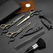 Hair Scissors,11Pcs Professional Black Gold Hair Cutting Scissors Shears Sets,Stainless Steel Barber Scissors Supplies,Straight Shears, Thinning Shears, Multi Use Haircut Sets for Home Salon Barber