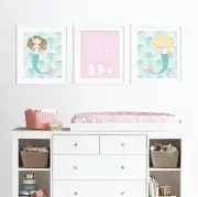 Pink and Aqua Mermaid Nursery Prints, Baby Girl Seahorse Nursery Decor
