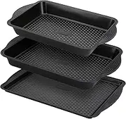 PRESTIGE Aerolift Baking Trays for Oven Non Stick Set of 3 - Dishwasher Safe Oven Trays Set with Extra Large Handles, Durable Carbon Steel Roasting Tins with 5 Year Guarantee, Black, 3 Piece Set