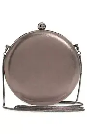 NWT Nordstrom Metallic Round Clutch, color Gunmetal, chain strap, clasp closure