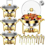 Keyoxy Round Chafing Dishes for Buffet 5 Qt,High Grade Chafing Dish Buffet Set, Full Size Pan,Rolled-Edge Design Food Warmers for Parties,Buffet,Wedding,Birthday,Camping 4 Pack (Gold-Glass)