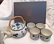 Koto Japanese Ceramic tea set Blue Leaves Teapot & 4 Cups New In Box