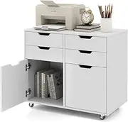 [Giantex] 4-Drawer Dresser Chest with 2 Doors, Mobile Wood Storage Cabinet with 5 Universal Wheels, Rolling Printer Stand with Storage for Home Office, Bedroom, Living Room, White