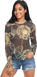 [RPLIFE] Gold Butterflies Dandelion Black Mesh Top Women, Sheer Sleeve Top S-XXL
