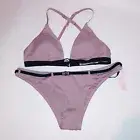 Victoria Secret Swim Bikini XL Top & Bottom Mauve Black Ribbed Triangle Belted