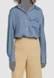 $325 Vince Women's Blue Silk Utility Button-Up Shirt Top Size S